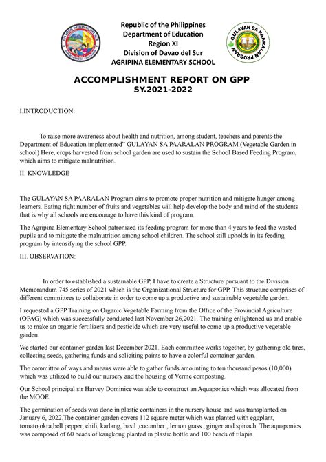 Gulayan sa paaralan accomplishment report